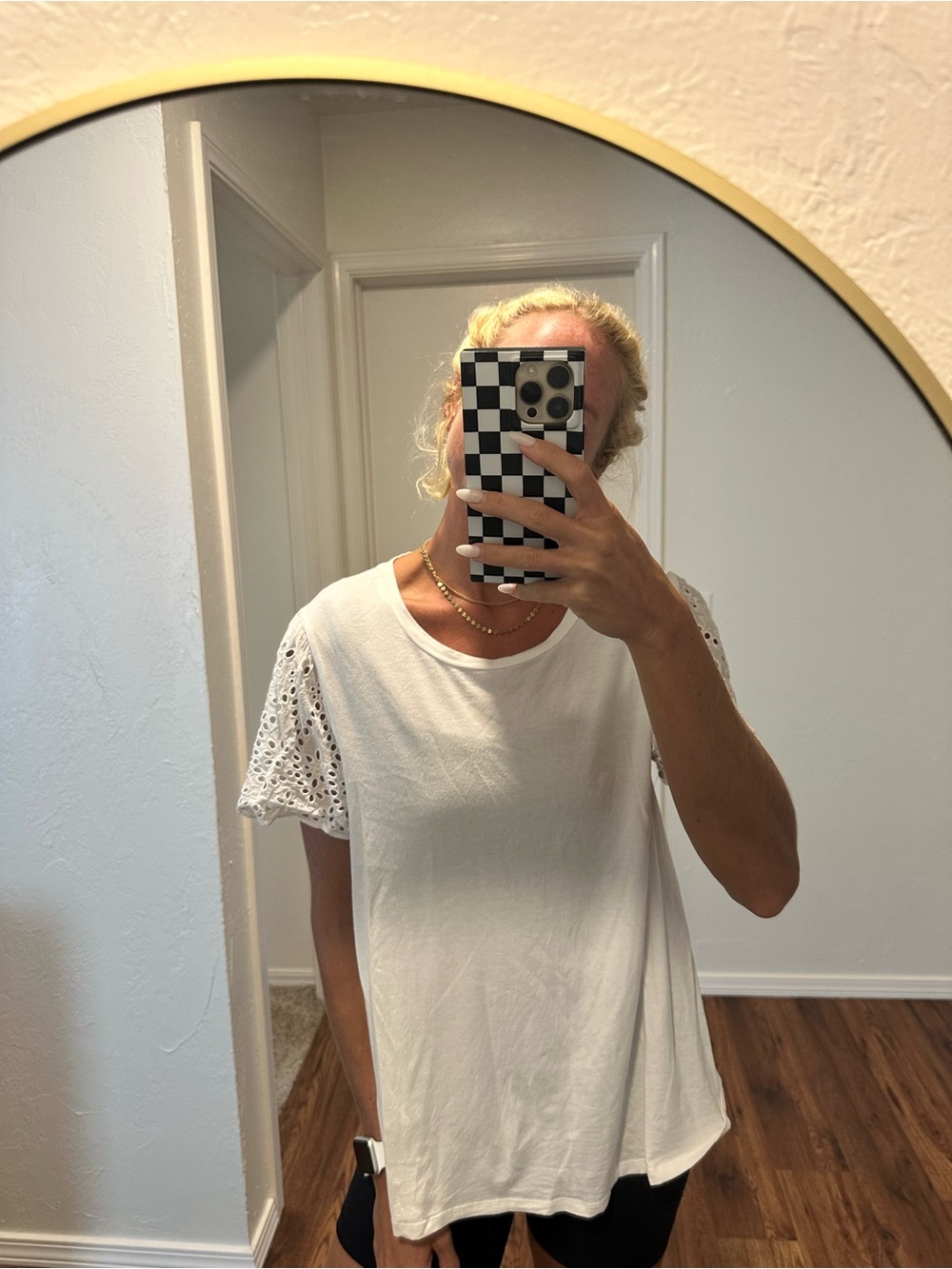 White tee with eyelet lace sleeves